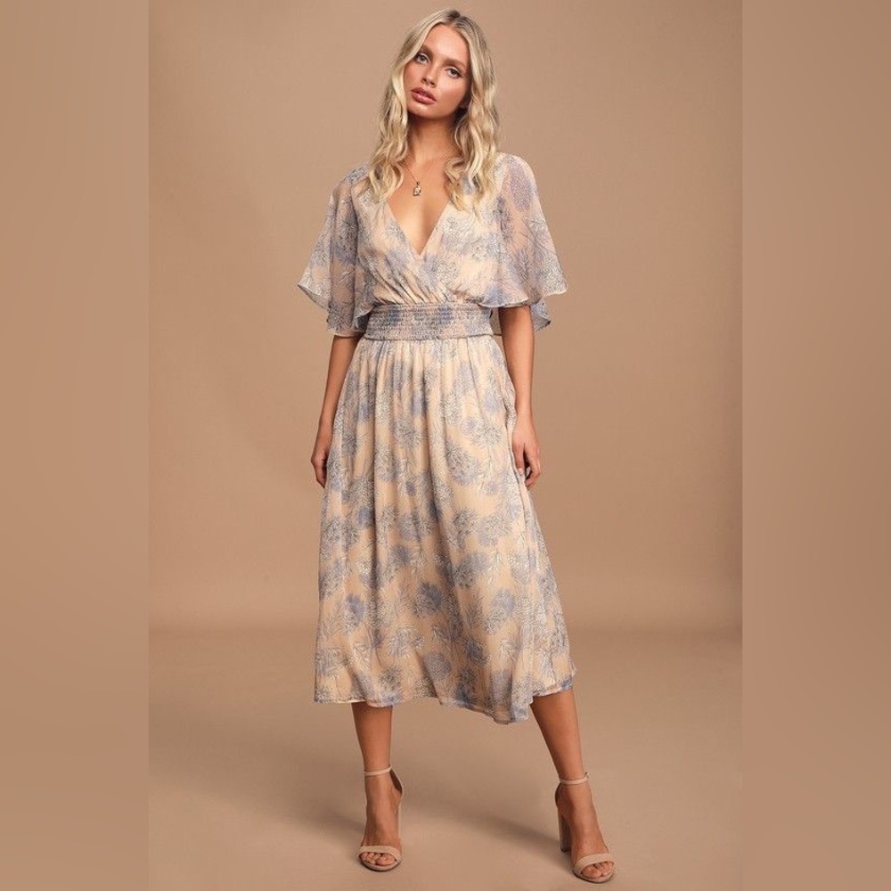 Lulus Subtle Romance Beige Floral Print Ruffled Midi Dress